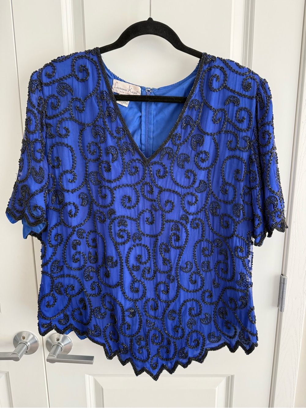Laurence Kazar Cobalt Blue Top with Black Beaded Swirls, size 2X.